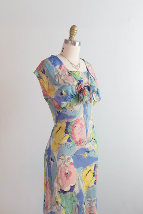 Rare 1930's Silk Chiffon Impressionist Floral Bias Cut Gown With Jacket With NRA Blue Eagle Label / Small