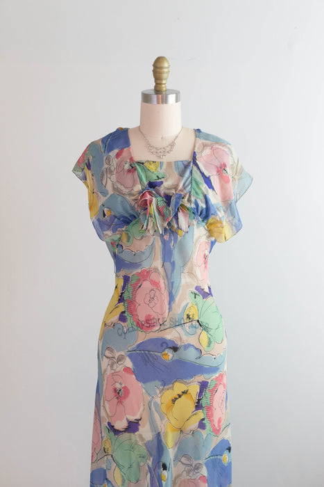 Rare 1930's Silk Chiffon Impressionist Floral Bias Cut Gown With Jacket With NRA Blue Eagle Label / Small