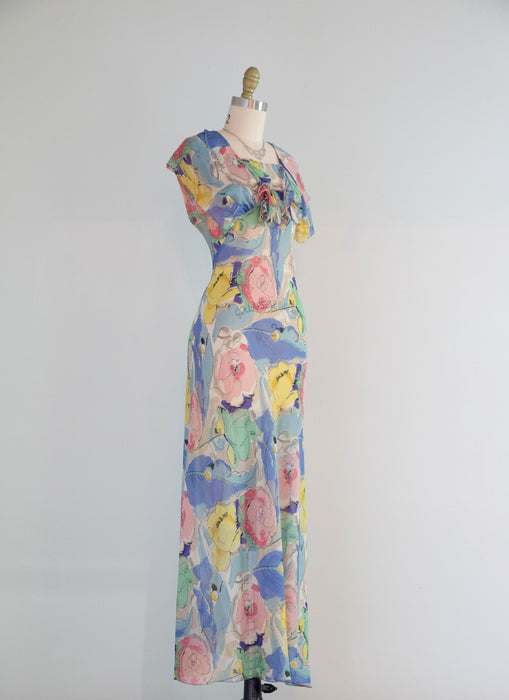 Rare 1930's Silk Chiffon Impressionist Floral Bias Cut Gown With Jacket With NRA Blue Eagle Label / Small