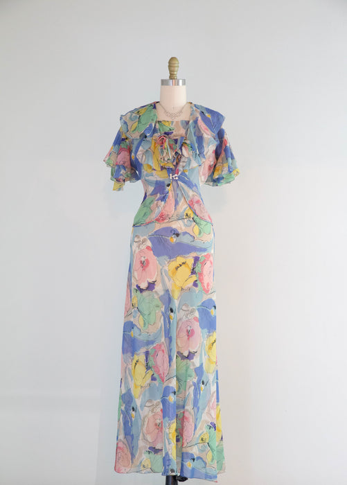 Rare 1930's Silk Chiffon Impressionist Floral Bias Cut Gown With Jacket With NRA Blue Eagle Label / Small