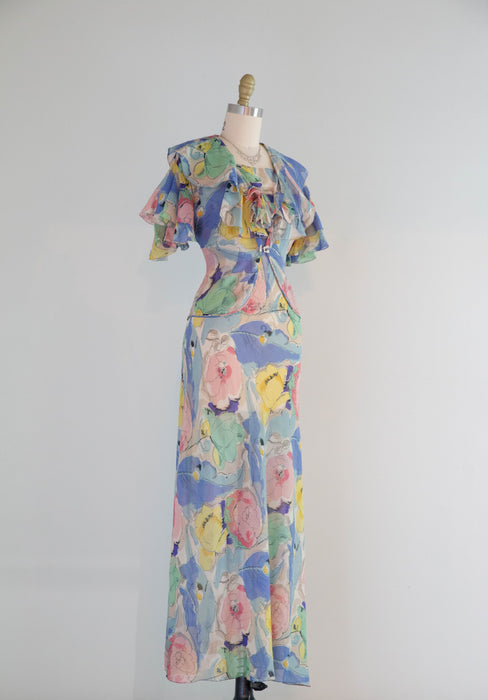 Rare 1930's Silk Chiffon Impressionist Floral Bias Cut Gown With Jacket With NRA Blue Eagle Label / Small