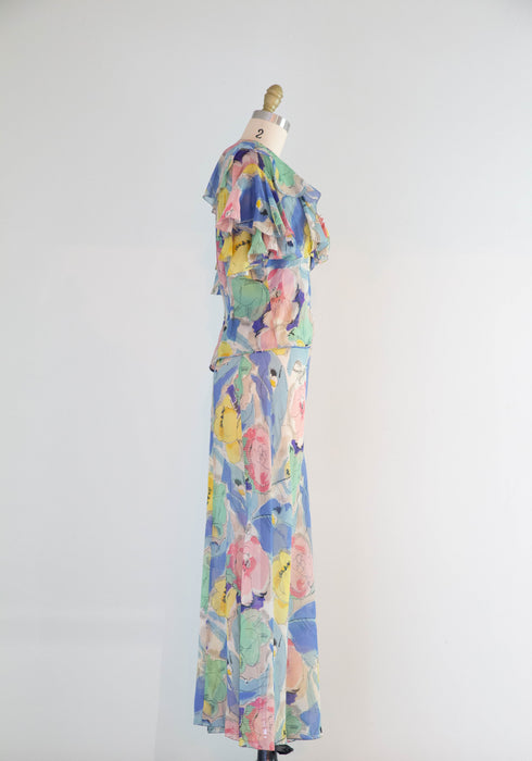 Rare 1930's Silk Chiffon Impressionist Floral Bias Cut Gown With Jacket With NRA Blue Eagle Label / Small