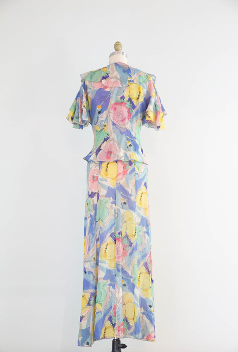 Rare 1930's Silk Chiffon Impressionist Floral Bias Cut Gown With Jacket With NRA Blue Eagle Label / Small