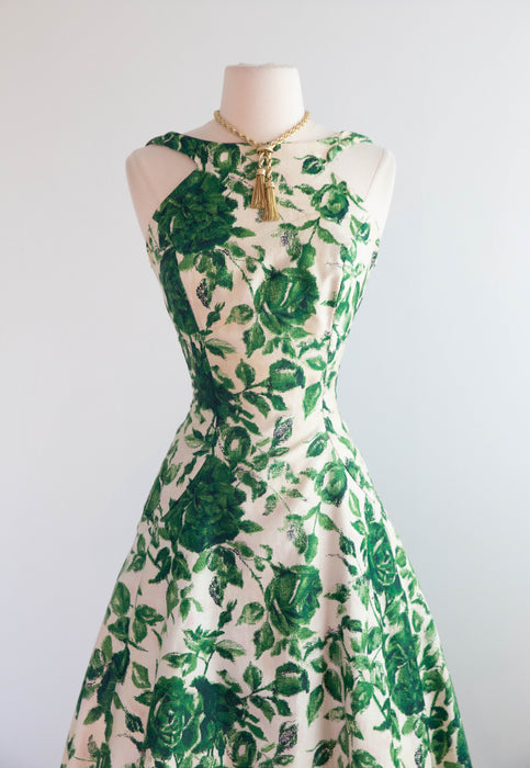 Gorgeous 1950's Emerald Rose Print Party Dress By Estevez / Small