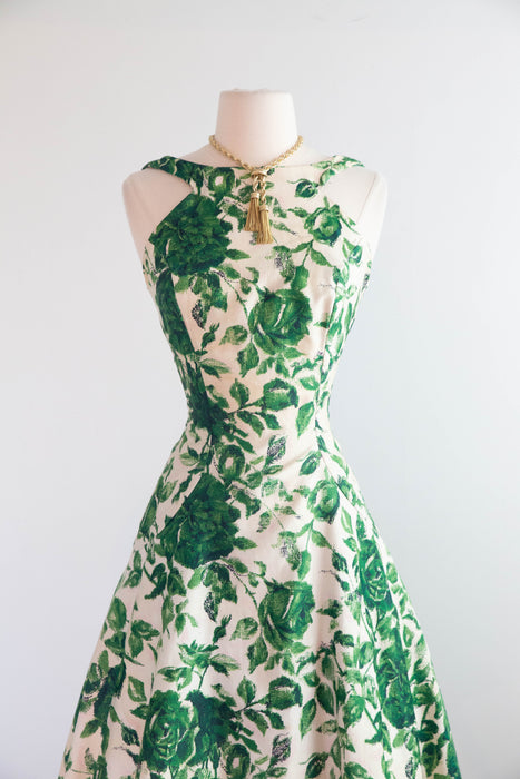 Gorgeous 1950's Emerald Rose Print Party Dress By Estevez / Small