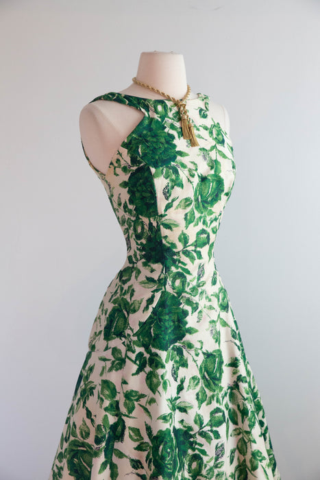 Gorgeous 1950's Emerald Rose Print Party Dress By Estevez / Small