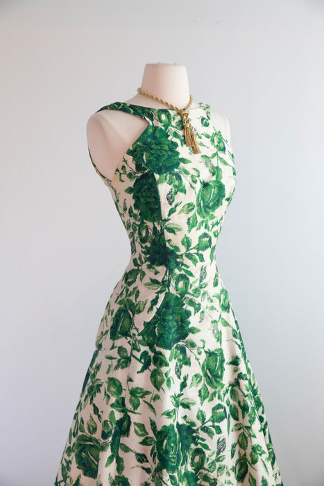 Gorgeous 1950's Emerald Rose Print Party Dress By Estevez / Small