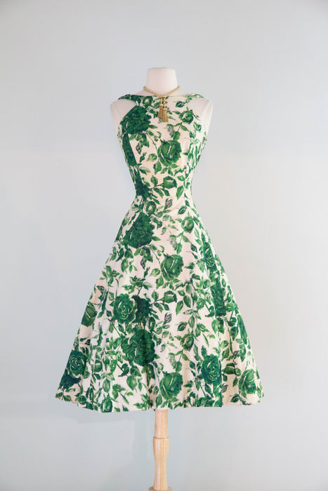 Gorgeous 1950's Emerald Rose Print Party Dress By Estevez / Small