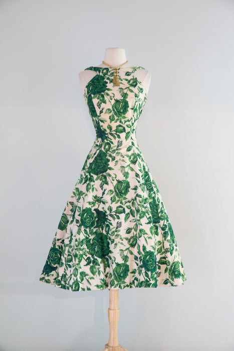 Gorgeous 1950's Emerald Rose Print Party Dress By Estevez / Small