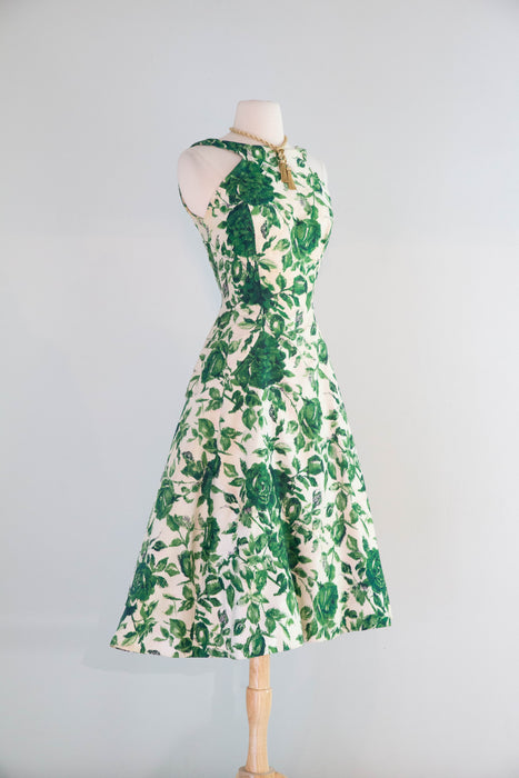 Gorgeous 1950's Emerald Rose Print Party Dress By Estevez / Small