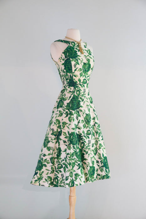 Gorgeous 1950's Emerald Rose Print Party Dress By Estevez / Small