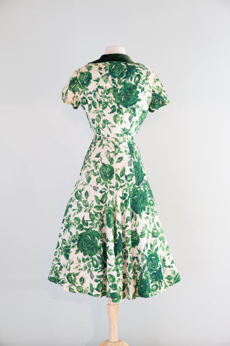 Gorgeous 1950's Emerald Rose Print Party Dress By Estevez / Small