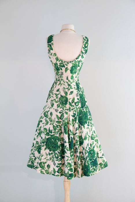 Gorgeous 1950's Emerald Rose Print Party Dress By Estevez / Small