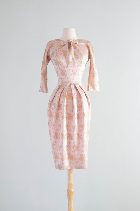 Iconic 1950's Pink Satin Brocade Rose Cocktail Dress By Suzy Perette / Small