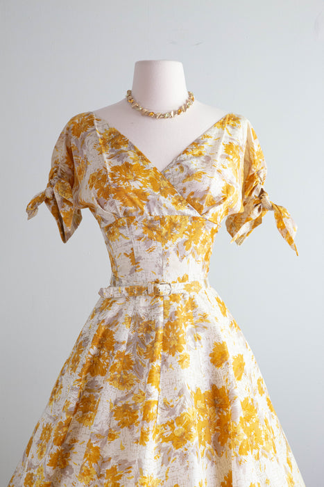 Glorious 1950's Marigold Taffeta Party Dress With Full Skirt / Small