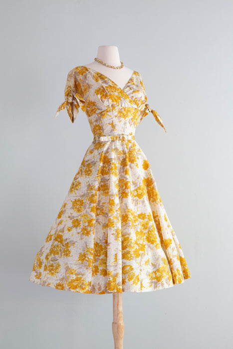 Glorious 1950's Marigold Taffeta Party Dress With Full Skirt / Small