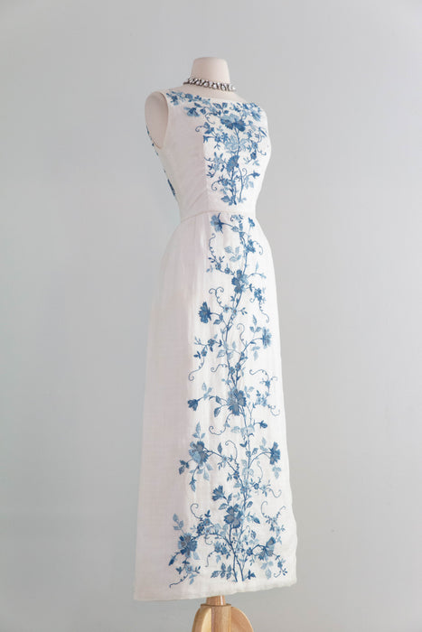 Exquisite Early 1960's Blue Canton Hand Embroidered Linen Formal Gown / SM