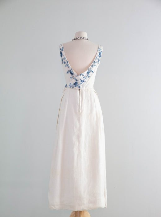 Exquisite Early 1960's Blue Canton Hand Embroidered Linen Formal Gown / SM