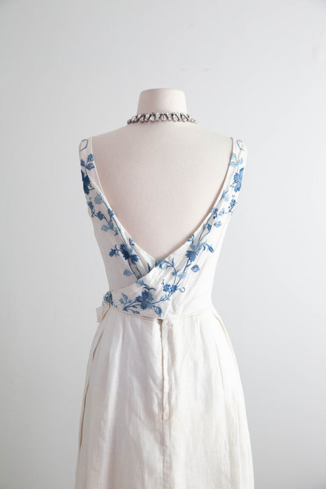 Exquisite Early 1960's Blue Canton Hand Embroidered Linen Formal Gown / SM