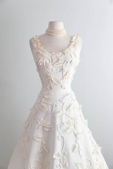 Exquisite 1950's Harvey Berin Ivory Cotton Pique Lace Applique Formal Dress / SM