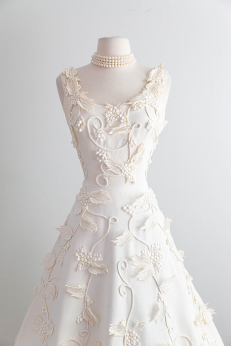 Exquisite 1950's Harvey Berin Ivory Cotton Pique Lace Applique Formal Dress / SM