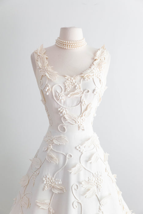 Exquisite 1950's Harvey Berin Ivory Cotton Pique Lace Applique Formal Dress / SM