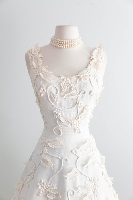 Exquisite 1950's Harvey Berin Ivory Cotton Pique Lace Applique Formal Dress / SM