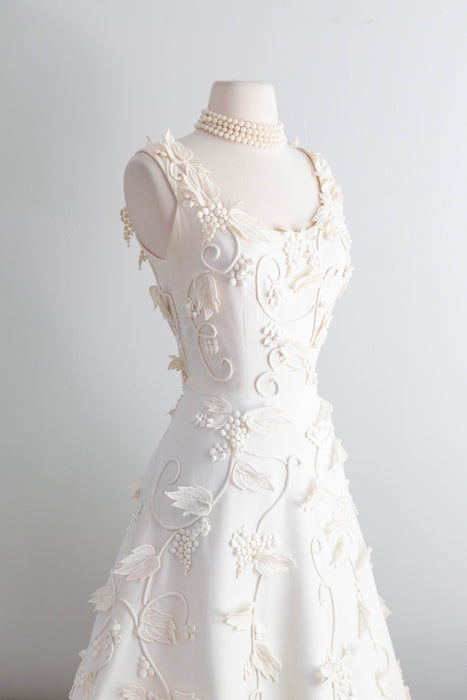 Exquisite 1950's Harvey Berin Ivory Cotton Pique Lace Applique Formal Dress / SM
