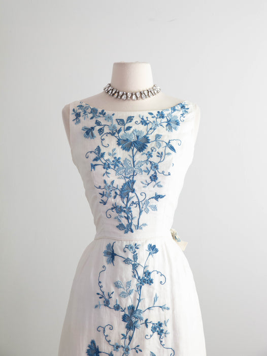 Exquisite Early 1960's Blue Canton Hand Embroidered Linen Formal Gown / SM