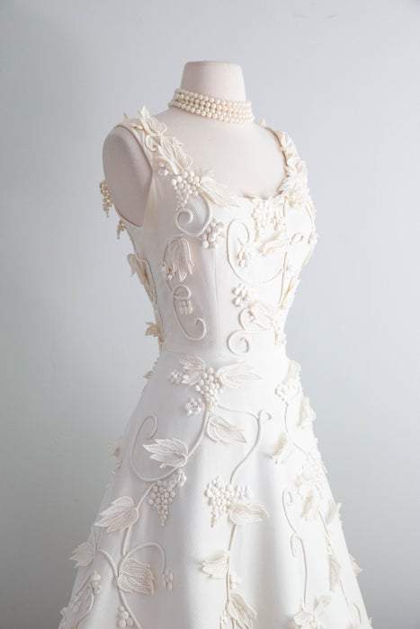 Exquisite 1950's Harvey Berin Ivory Cotton Pique Lace Applique Formal Dress / SM