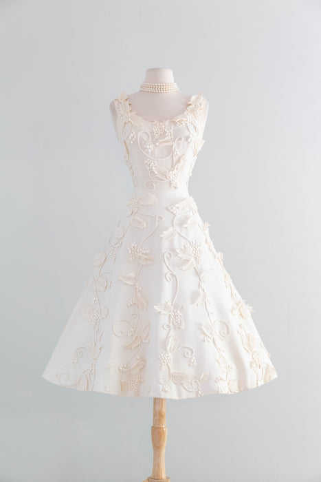 Exquisite 1950's Harvey Berin Ivory Cotton Pique Lace Applique Formal Dress / SM