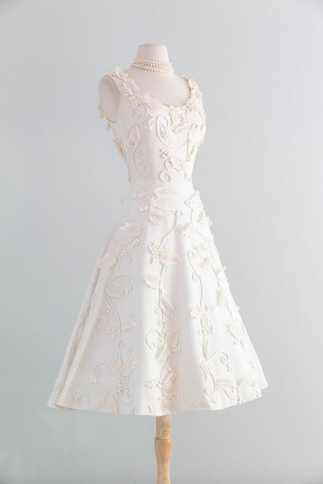 Exquisite 1950's Harvey Berin Ivory Cotton Pique Lace Applique Formal Dress / SM