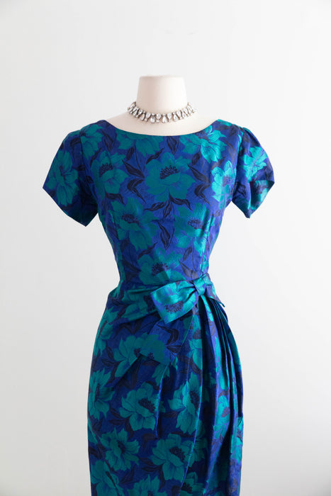 Elegant 1950's Brilliant Blue & Green Floral Silk Brocade Cocktail Dress / SM