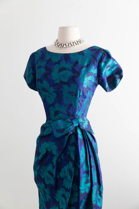 Elegant 1950's Brilliant Blue & Green Floral Silk Brocade Cocktail Dress / SM