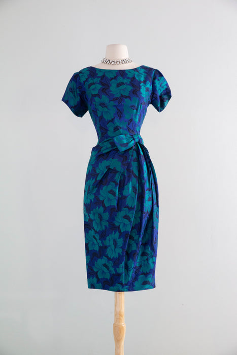 Elegant 1950's Brilliant Blue & Green Floral Silk Brocade Cocktail Dress / SM