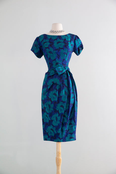 Elegant 1950's Brilliant Blue & Green Floral Silk Brocade Cocktail Dre –  Xtabay Vintage