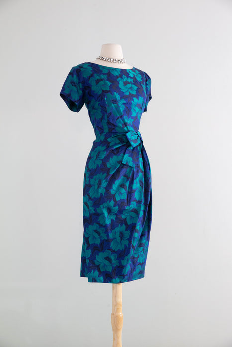 Elegant 1950's Brilliant Blue & Green Floral Silk Brocade Cocktail Dre –  Xtabay Vintage