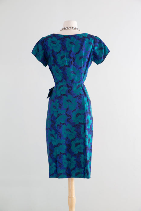 Elegant 1950's Brilliant Blue & Green Floral Silk Brocade Cocktail Dress / SM