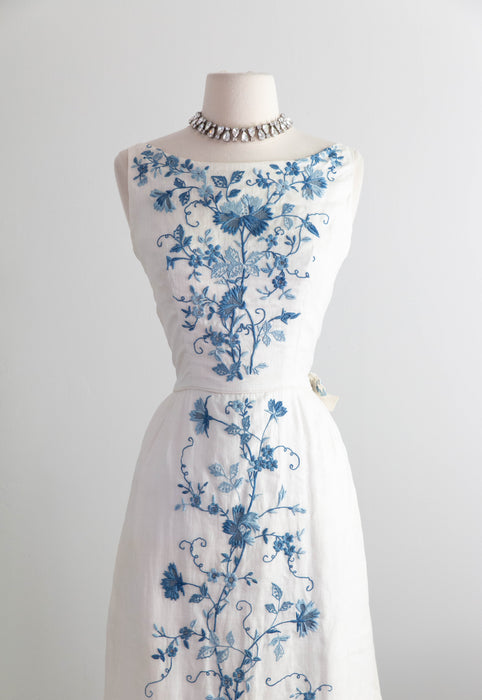 Exquisite Early 1960's Blue Canton Hand Embroidered Linen Formal Gown / SM