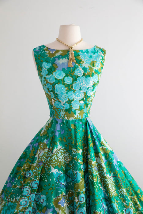 Gorgeous 1950's Monet's Garden Cotton Floral Dress With Glittering Swirls / Medium