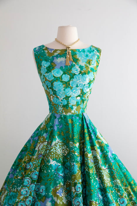 Gorgeous 1950's Monet's Garden Cotton Floral Dress With Glittering Swirls / Medium