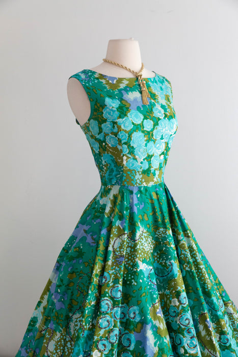 Gorgeous 1950's Monet's Garden Cotton Floral Dress With Glittering Swirls / Medium