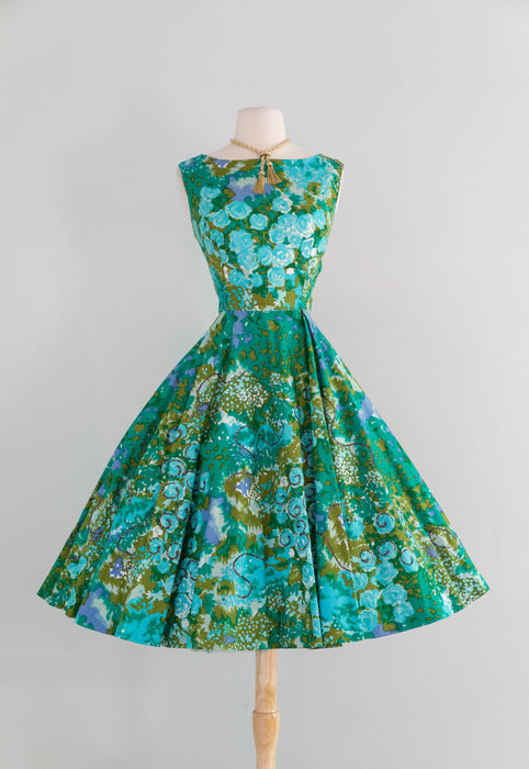 Gorgeous 1950's Monet's Garden Cotton Floral Dress With Glittering Swirls / Medium