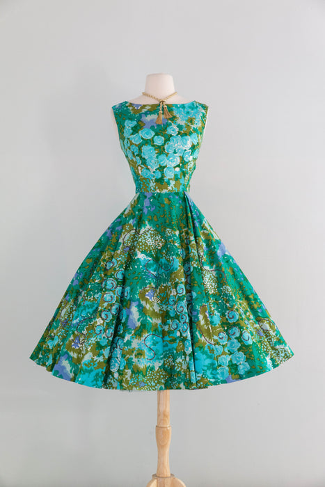 Gorgeous 1950's Monet's Garden Cotton Floral Dress With Glittering Swirls / Medium