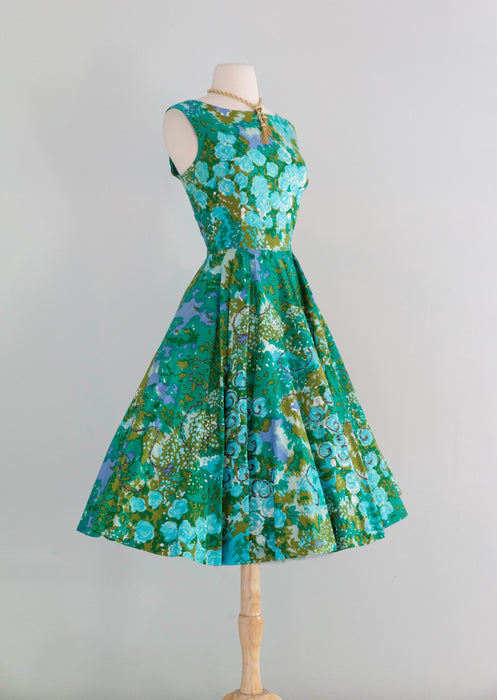 Gorgeous 1950's Monet's Garden Cotton Floral Dress With Glittering Swirls / Medium
