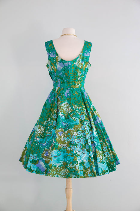 Gorgeous 1950's Monet's Garden Cotton Floral Dress With Glittering Swirls / Medium