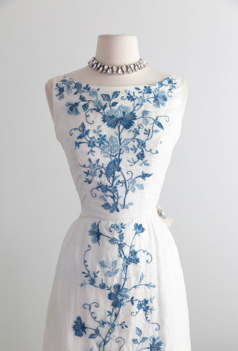 Exquisite Early 1960's Blue Canton Hand Embroidered Linen Formal Gown / SM