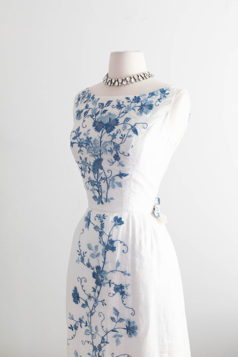 Exquisite Early 1960's Blue Canton Hand Embroidered Linen Formal Gown / SM