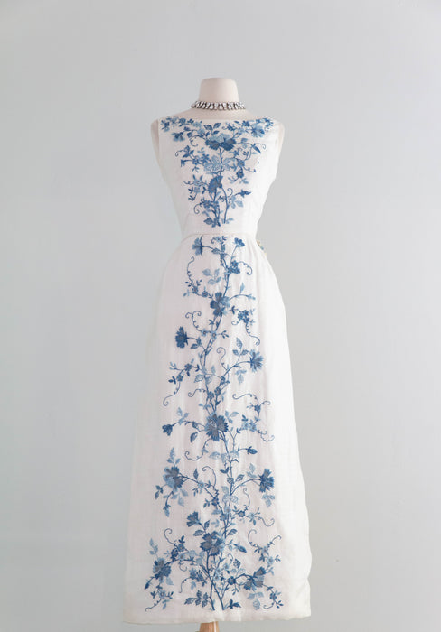 Exquisite Early 1960's Blue Canton Hand Embroidered Linen Formal Gown / SM