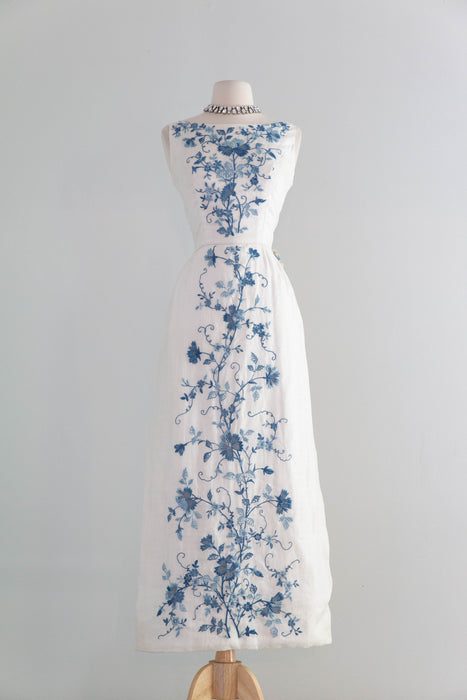 Exquisite Early 1960's Blue Canton Hand Embroidered Linen Formal Gown / SM